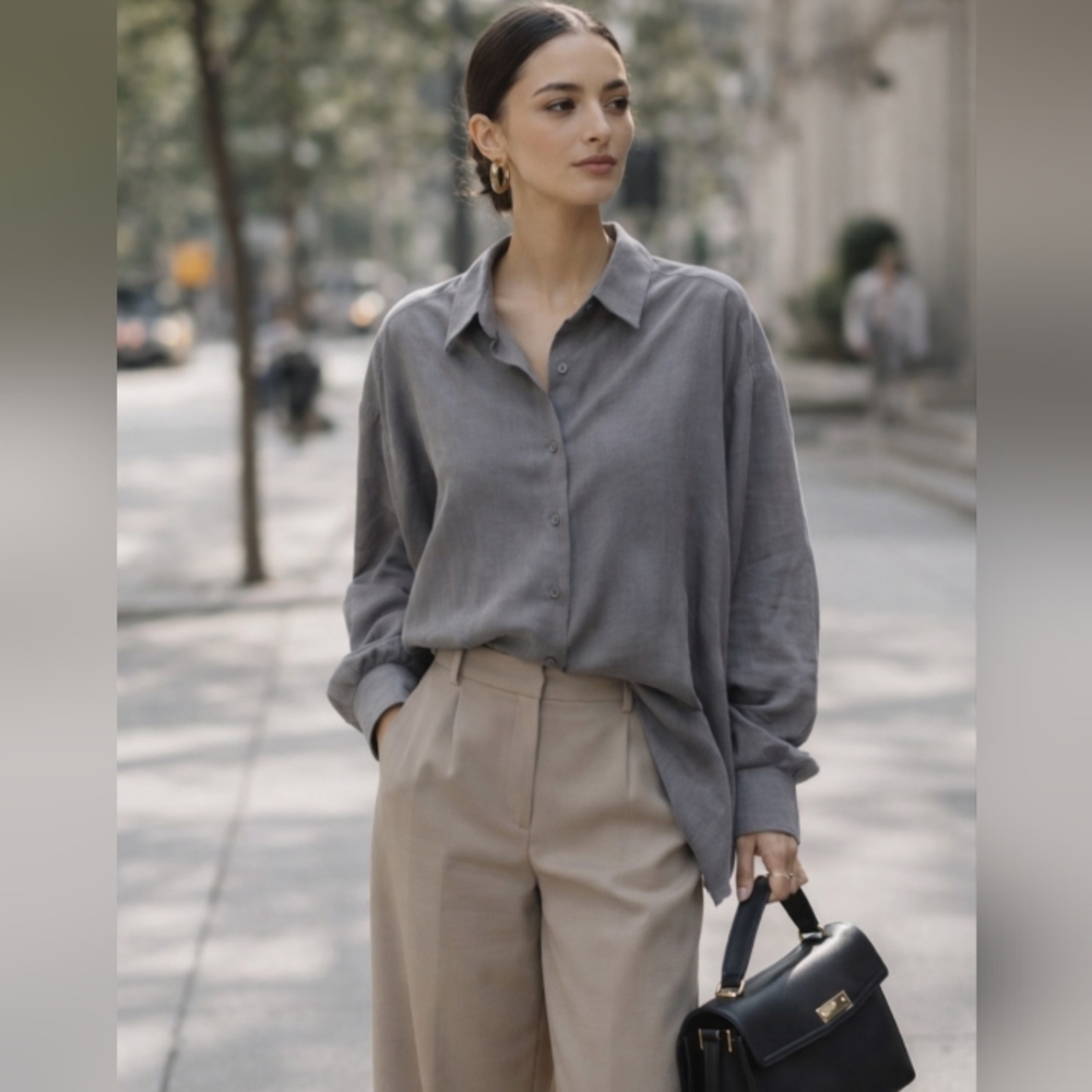 Zara Lyocell Blend Oversized Gray Button-Down Shirt Blouse Top